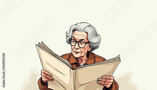 Elderly woman reading newspaper indoors