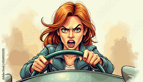 Angry woman driving car with determination in motion