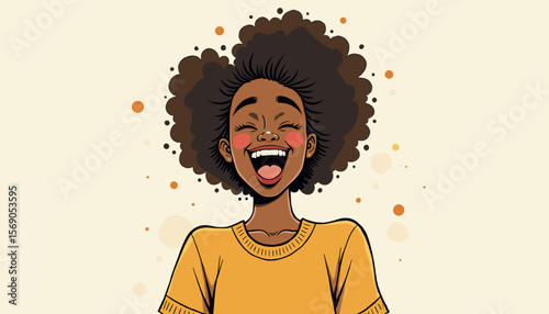 Happy girl laughing with curly hair on a light background