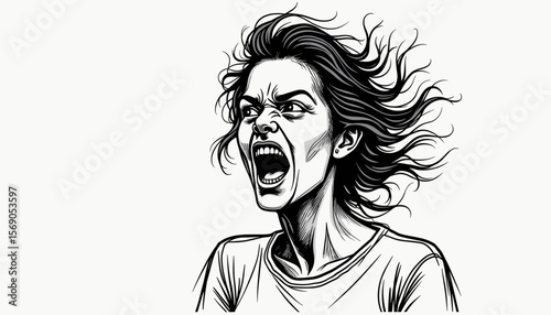 Screaming woman with windblown hair