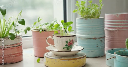 Pastel-Colored Pots with Small Plants on a Windowsill