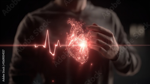 A person clutching their chest with a glowing heart symbol indicating pain or health issue

