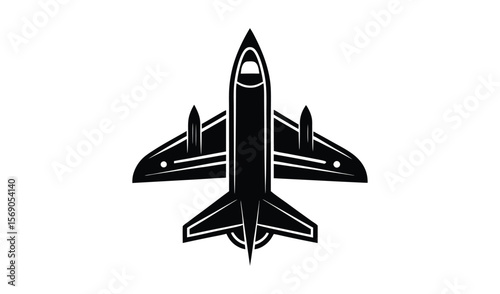Modern fighter jet silhouette viewed from above isolated on white background