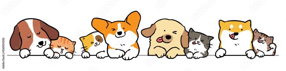 Fototapeta premium Vector Illustration of Cute Cartoon Dog and Cat Couples on Isolated Background. Hand Drawn Vector Illustration. 