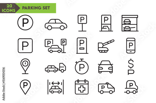 Collection of parking symbols and car icons in clean line art style