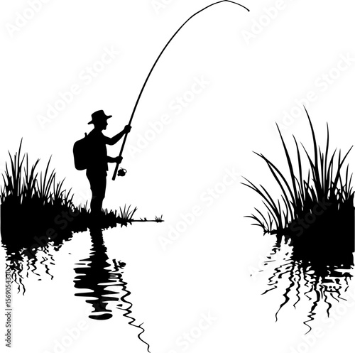 silhouette of a fisherman with fishing rod, fishing, fisherman, silhouette, fish, water, sunset, lake, rod, sport, angler, sea, leisure, beach, people, river, fisher, hobby, sun, activity, catch, shor