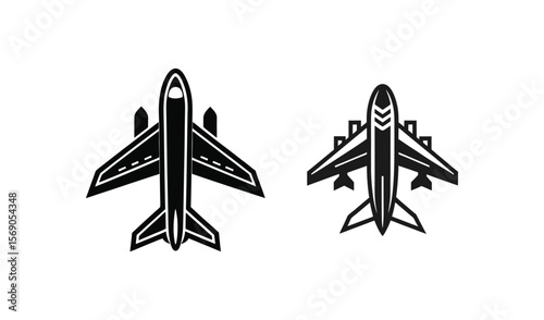 Two stylized black airplane icons with wings and engines on a white background