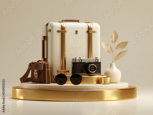 Minimal travel-themed podium with suitcase, sunglasses, and camera