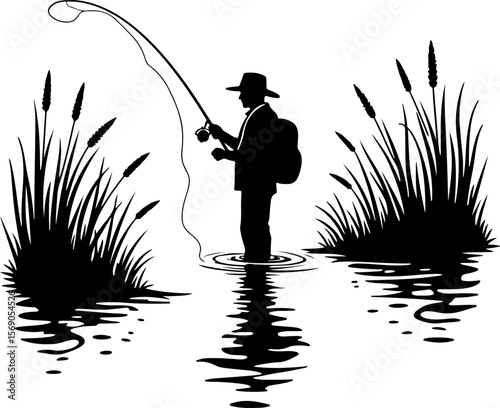 silhouette of a fisherman with fishing rod, fishing, fisherman, silhouette, fish, water, sunset, lake, rod, sport, angler, sea, leisure, beach, people, river, fisher, hobby, sun, activity, catch, shor