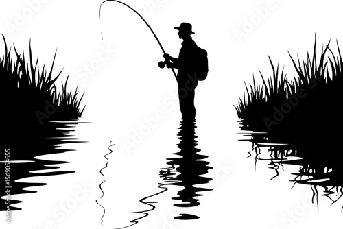 silhouette of a fisherman with fishing rod, fishing, fisherman, silhouette, fish, water, sunset, lake, rod, sport, angler, sea, leisure, beach, people, river, fisher, hobby, sun, activity, catch, shor