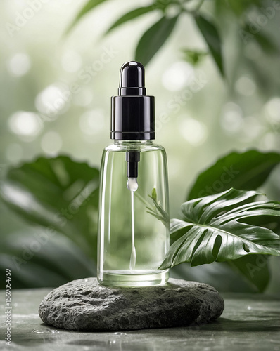 Blank dropper glass bottle for skincare standing on wet stone with tropical leaves in background. Natural green tones, fresh moisture effect, and spa-inspired composition.