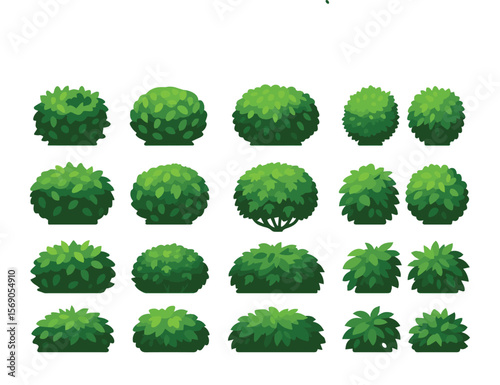 Vector Garden Bushes Collection 18 Green Shrubs in Grid Layout on White Background.