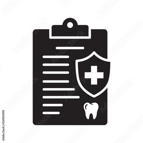 Dental insurance plan icon with clipboard shield and tooth symbolizing healthcare protection policy and stomatology patient medical record document vector solid glyph