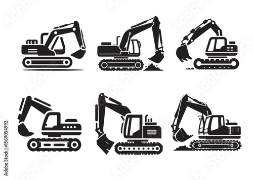 Excavator silhouette vector, Excavator icon Set