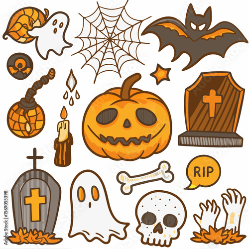 Halloween Jack-o’-Lantern Bat Spider Web Ghost Vector Illustration

