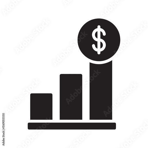 Profit growth icon showing increasing bar chart with dollar coin on top representing financial success investment return and business revenue growth vector solid glyph