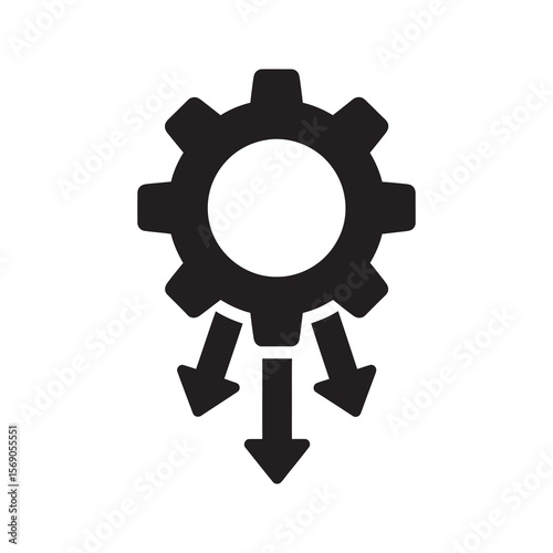 Process output glyph icon with gear and downward arrows symbolizing workflow distribution automation and operational efficiency for business management vector solid