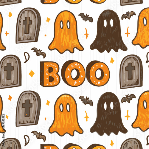 Spooky Halloween Pattern with Ghosts and Tombstones | Scary Seamless EPS Design

