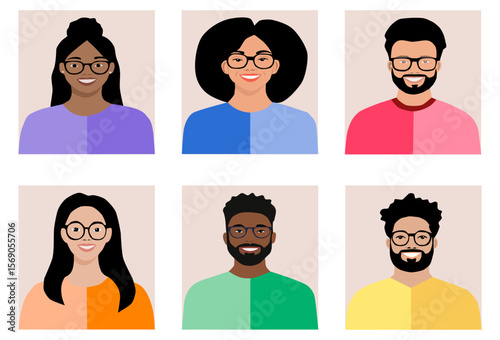 Retratos ilustrados de seis personas jóvenes con gafas, sonriendo, sobre fondo claro en estilo plano y colores variados