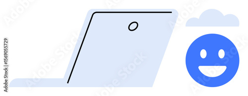 Minimal style laptop with a cheerful blue emoticon and faint cloud icon. Ideal for technology, online communication, remote work, cloud services, productivity, tech simplicity, simple landing page