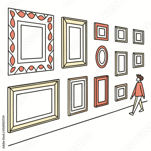 Person walking past a wall with various framed paintings in an art gallery exhibition display view