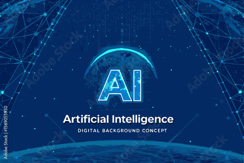 Artificial intelligence concept with glowing ai text and network connections on a dark blue background