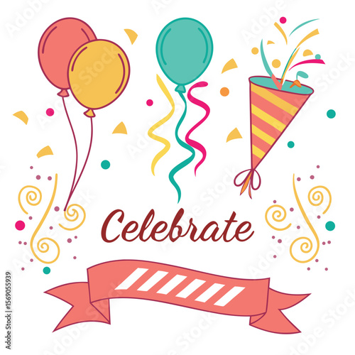 Illustration of balloons party popper confetti and banner with the word celebrate in the center