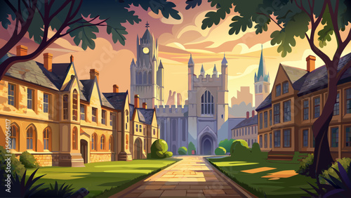 University of Oxford, England – Timeless stone buildings, gothic towers, and tranquil courtyards evoke a deep sense of tradition and wisdom beneath a soft, misty morning sky.