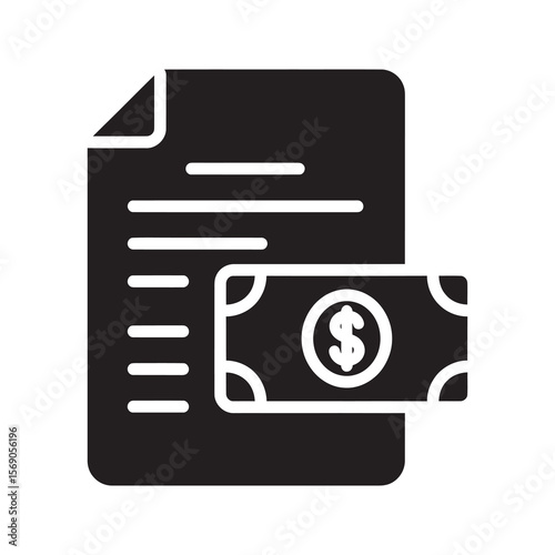 Payment document icon with paper sheet and dollar bill representing business invoice financial transaction salary calculation and billing statement vector solid glyph