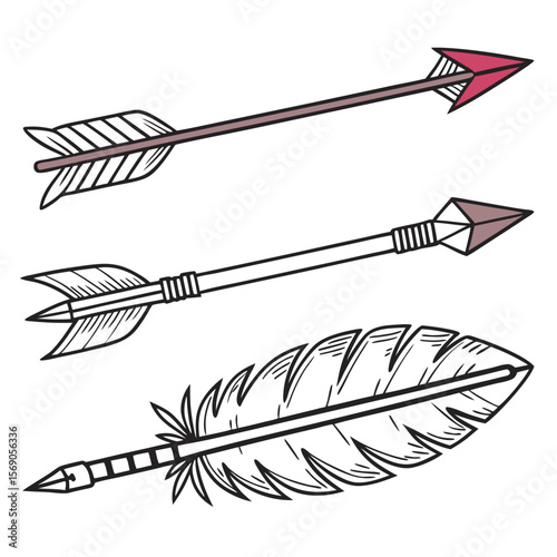 Illustration of three stylized arrows with different arrowheads and fletchings designs on white background