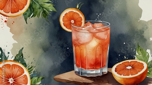 Refreshing Grapefruit Juice with Ice Watercolor Style Illustration