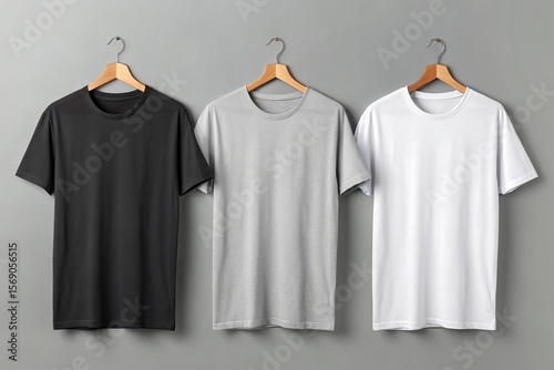 Wallpaper Mural Three plain t shirts in black gray and white hanging on wooden hangers against a gray background Torontodigital.ca