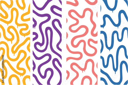 Twisted lines, fluid ,abstract curved, wiggling stripes, waves fluid waves & funky curves – groovy hand-drawn line pattern vector set.eps