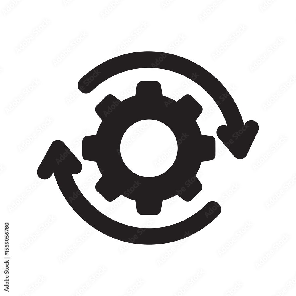 Agile development process icon with gear and circular arrows representing continuous workflow cycle operational management and business system integration vector solid glyph Agile development process icon with gear and circular arrows representing continuous workflow cycle operational management and business system integration vector solid glyph
