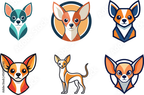 Adorable Chihuahua Dog Breed Logo Designs perfect for branding pet shops or veterinary clinics featuring stylish flat vector icons