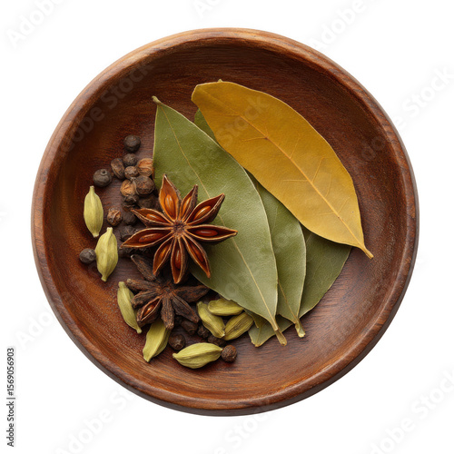 A wooden bowl filled with star anise bay leaves cardamom pods and peppercorns isolated on transparent background