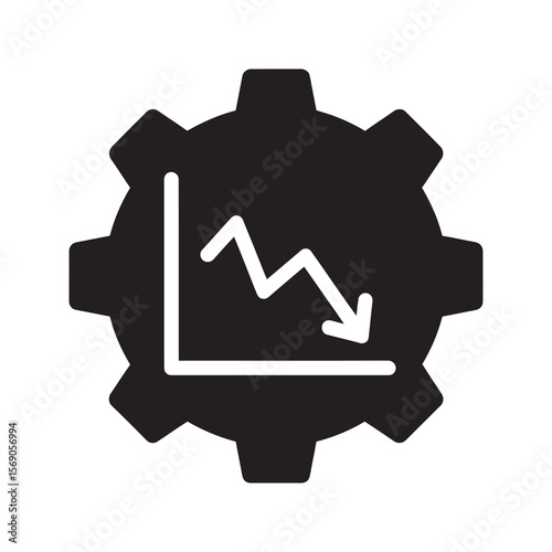 Performance decline icon with gear and downward graph symbolizing operational issue productivity loss and business process failure or system error vector solid glyph