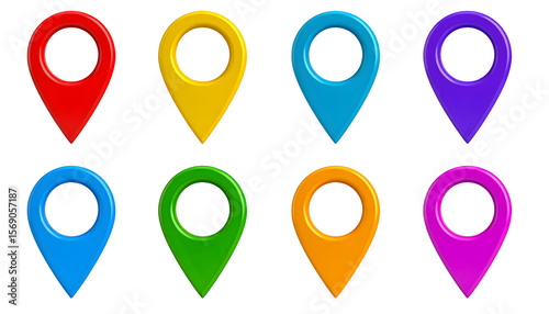Eight Colorful 3D Map Markers: Red Yellow Blue Purple Light Blue Green Orange and Pink Location Pins.