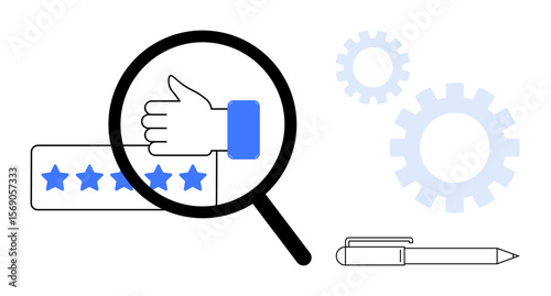 Hand giving thumbs-up under magnifying glass, five-star rating card, gears, and pen. Ideal for customer feedback, quality control, analysis, service improvement, product reviews business strategy