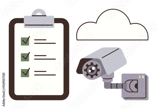 Checklist on clipboard with marked tasks, cloud icon, and security camera. Ideal for organization, cybersecurity, safety, compliance, monitoring data storage task management. Simple flat metaphor