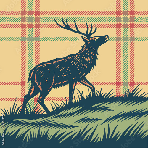 Illustration of a deer standing in tall grass against a plaid patterned background in earth tones