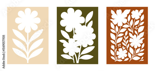 Set of boho minimalistic floral  trendy illustrations ideal for poster, card, cover, banner or background. Vector illustration.
