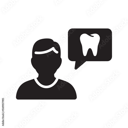 Dental consultation icon with patient and tooth in speech bubble for dentist advice oral health communication and stomatology treatment planning vector solid glyph