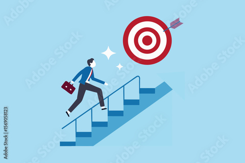 Businessman climbing stairs towards a bullseye target with an arrow hitting the center