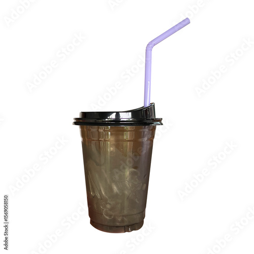 Black plastic glass with ice inside and straw isolate.