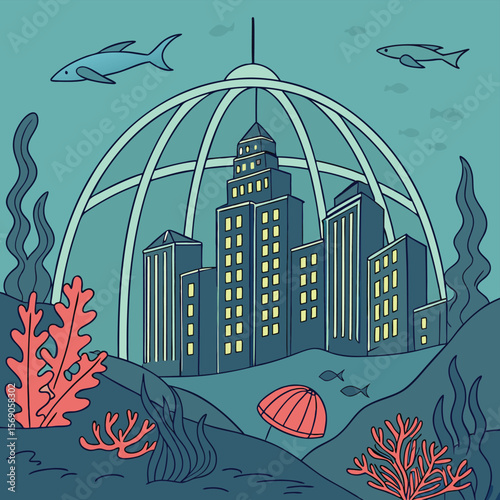Underwater city with buildings inside a dome, surrounded by marine life and coral reefs scenery