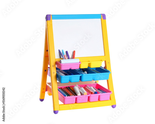Colorful Plastic Art Easel for Kids with Storage and Drawing Board Isolated on White PNG
