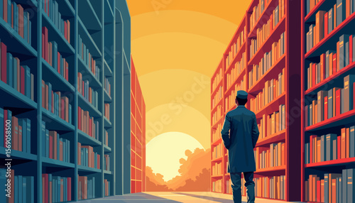 Man exploring library with sunset background