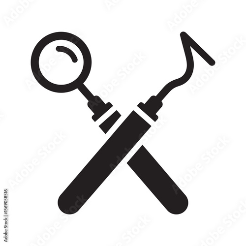 Dental instruments icon with crossed mouth mirror and probe for professional dentist tools used in oral examination and stomatology treatment vector solid glyph