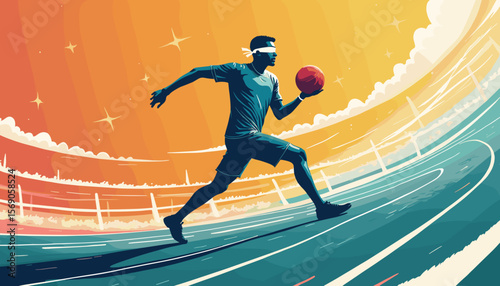 Athletic man running with basketball on abstract racetrack background